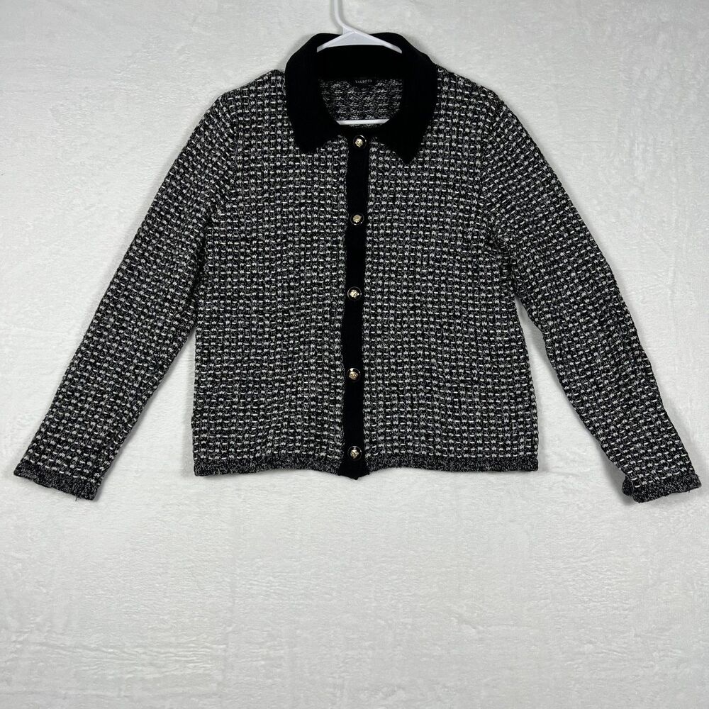 Talbots Cardigan Sweater Womens Size L Black White Tweed Knit Gold Button Collar